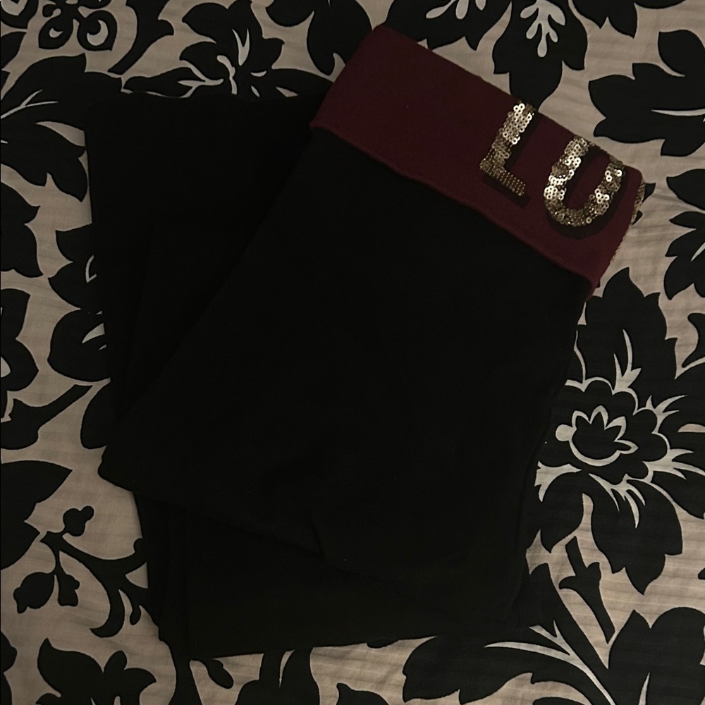 Victorias Secret Black Yoga Pants with Burgundy Sequin LOVE Waistband